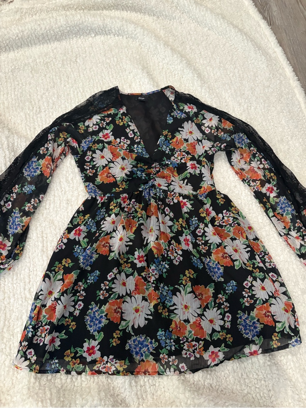 Nasty Gal Black Floral V-Neck Long Sleeve Dress size 10